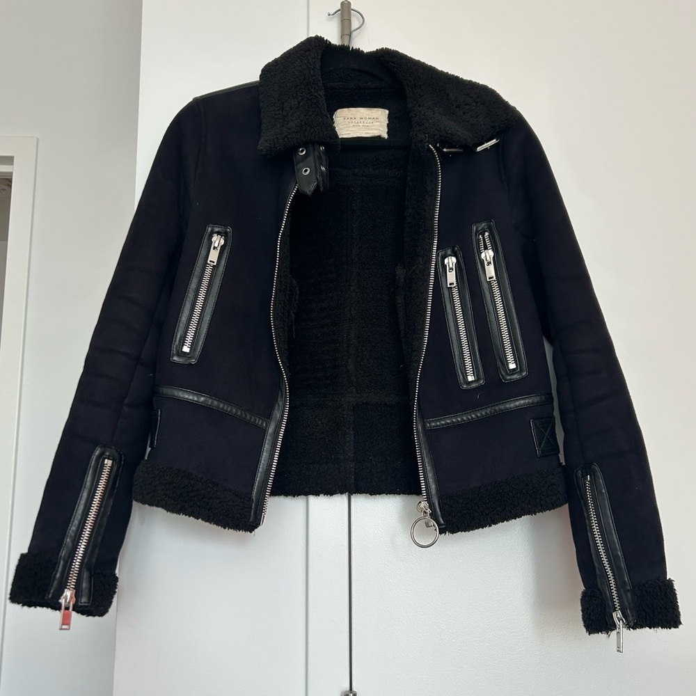 Zara Shearling Zip Up Cropped Jacket with Silver Hardwear - Picture 9 of 9